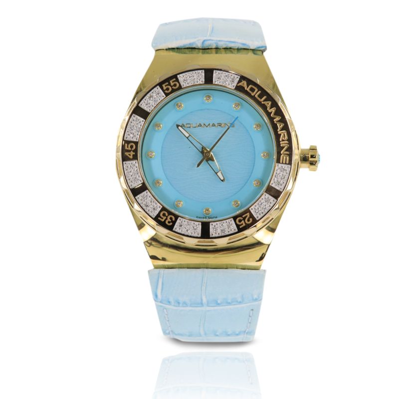 AquaMarine Stainless Steel Leather Strap Swiss Women's Wristwatch - GWAQWT38