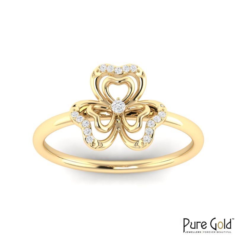 18 Karat Gold Heart Clover Ring with Diamonds